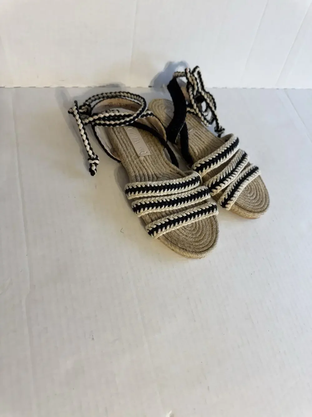 NWT Zara Black Cream Espadrille Crochet Strappy Sandal Girls 2 Boho Beach